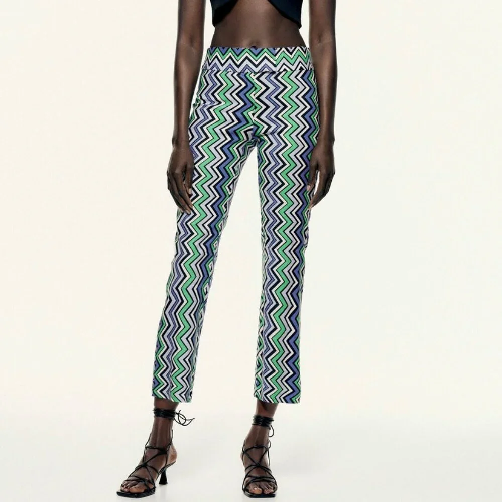 Zara Zig Zag Printed Linen Blend Pants Trousers